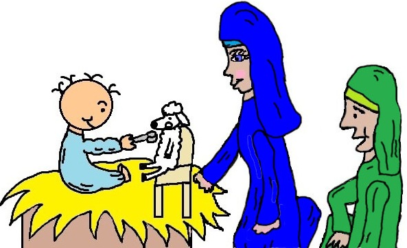 Mary Joseph and Baby Jesus in the Manger Feeding His SHeep Clipart Christmas Clipart