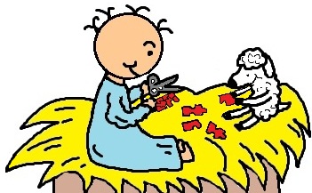 Baby Jesus and his sheep in manger making puzzles clipart- el nino jesus en su pesebre