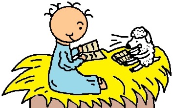 Baby Jesus In Manger With Sheep Reading Bible Clipart Picture- el nino jesus en su pesebre