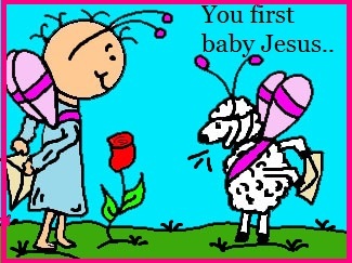 Baby Jesus and His Sheep Trading Letters Clipart Picture- el nino jesus en su pesebre